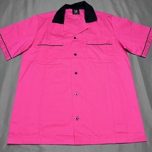 Hot pink Hilton Bowling Retro Shirt Men Small Pink Black Short Sleeve Button Up